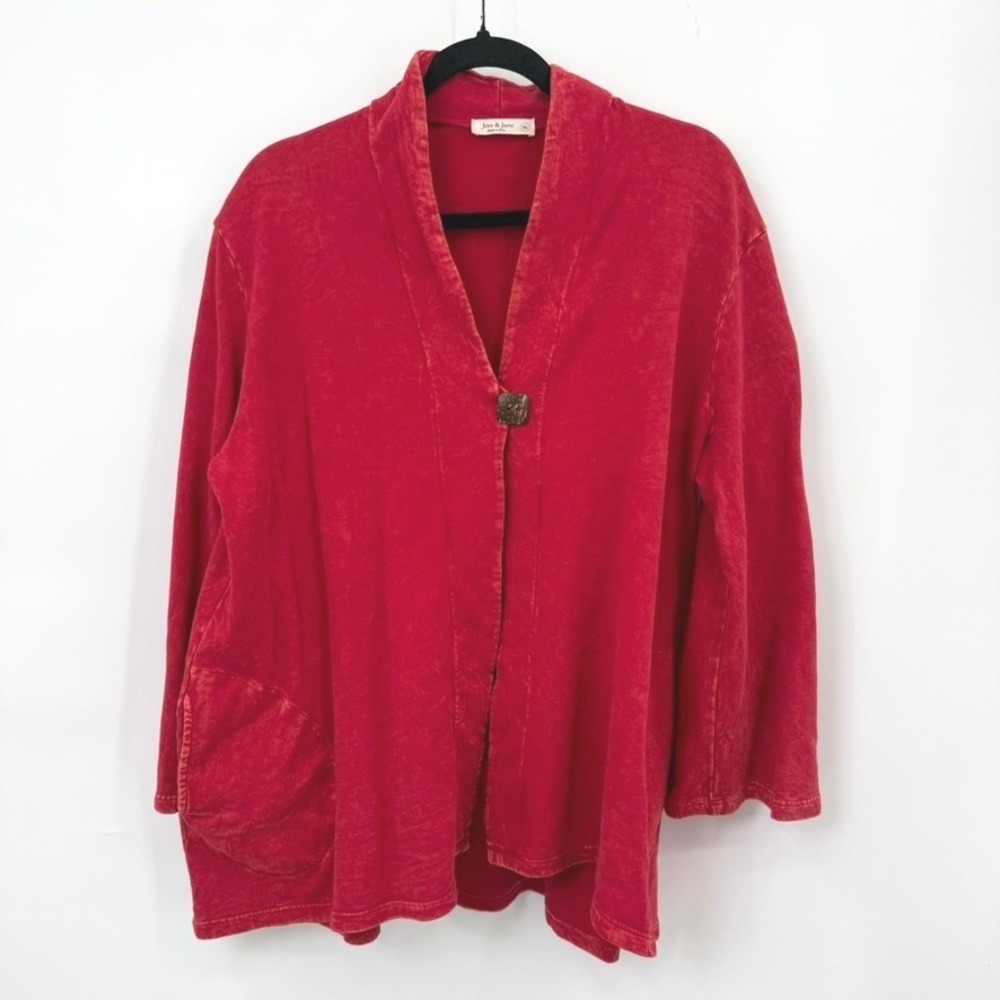 Jess & Jane Fleece Cardigan Women XL Red Cotton Mineral Wash Lagenlook Boho USA